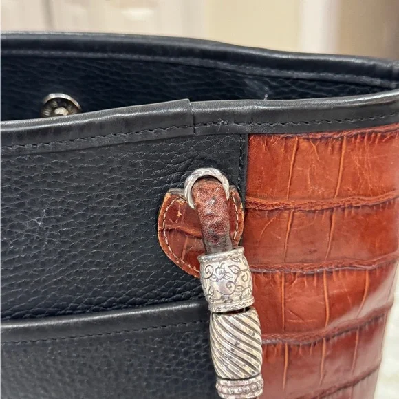 Brighton Caroline Bucket Purse Handbag Tote Black Leather Brown Croc & Dust Bag - Picture 8 of 10
